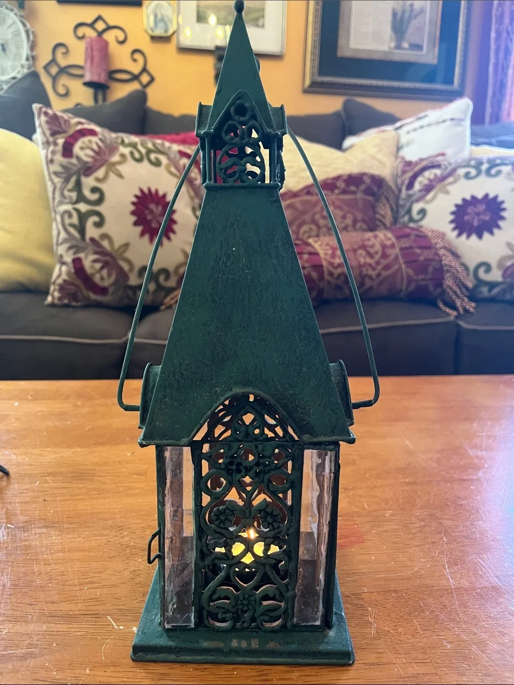 Green Decorative Metal and Glass Cathedral style tea light Lantern
